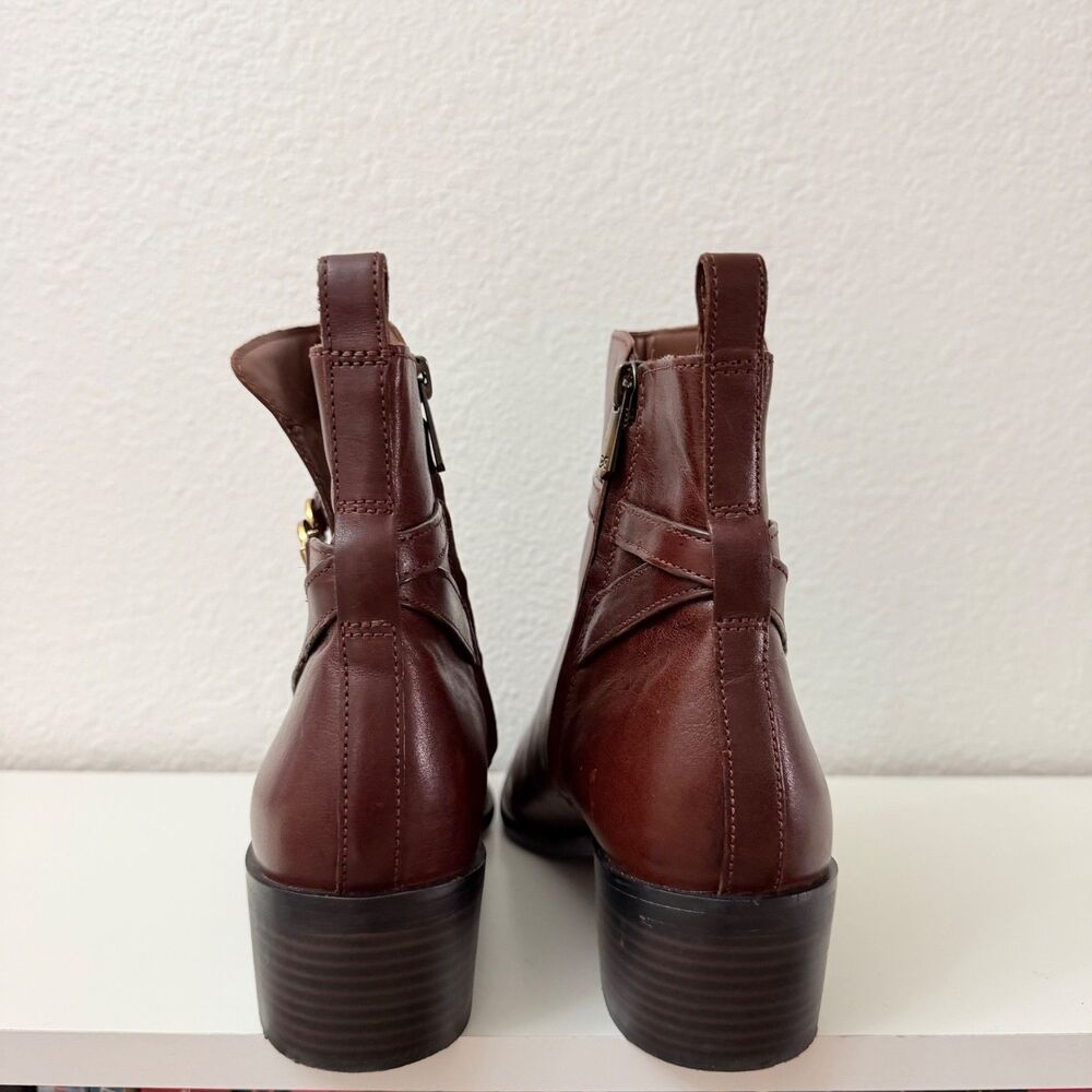 Sam Edelman Brown Leather Ankle Boots Women's Size 10 Gold Horsebit Block Heel - Picture 5 of 15